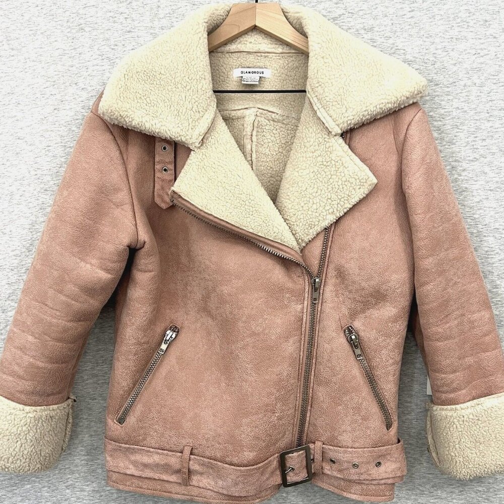 Urban Outfitters Glamorous Jacket Womens M Pink Faux Shearling Sherpa Moto Cozy